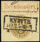 ALTDEUTSCHLAND. 
PREUSSEN- ORTSSTEMPEL. 
KYRITZ R2 (Brdbg) klar u. mittig aufgesetzt auf 3 Sgr.ocker, dazu oberhalb roter Zackenrahmenstpl." Recoman...