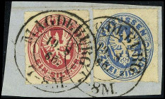 ALTDEUTSCHLAND. 
PREUSSEN- ORTSSTEMPEL. 
MAGDEBURG 7-8 M, K2, 2x zentr. vollständig klarer Stpl. 1 u. 2 Sgr. rosa u. ultramarin, Buntfrankatur. Mi. ...