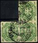 ALTDEUTSCHLAND. 
PREUSSEN- ORTSSTEMPEL. 
ORTELSBURG K2 (Ostpreussen) a. 4 Pfg. grün Dreierblock, vollständiger Durchstich, 5x abgeschlagen. Mi. 14a ...