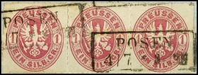 ALTDEUTSCHLAND.
PREUSSEN- ORTSSTEMPEL.
POSEN R2 rosarot, 2x klare Abschläge a. 1 Sgr. 3er Streifen. Mi. 16a. .

Kab. ∆ Bfstck