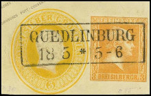 ALTDEUTSCHLAND. 
PREUSSEN- ORTSSTEMPEL. 
QUEDLINBURG R2 (Prov. Sachsen)klar, zentr., gerade im vollen Abschlag a. Ganzsachenausschnitt 3 Sgr. gelb m...