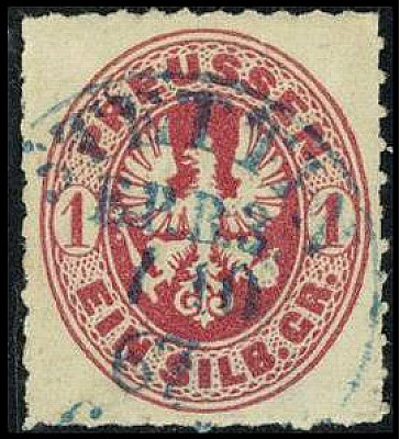 ALTDEUTSCHLAND. 
PREUSSEN- ORTSSTEMPEL. 
STETTIN E.P.B.3 1.10.67 blau K1 auf 1...