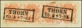 ALTDEUTSCHLAND. 
PREUSSEN- ORTSSTEMPEL. 
THORN (Westpreussen), R2, 2x ideal vollst. u.klar a. Viererstreifen 6 Pfg. orange Adler, l. u. Ecken min. u...