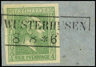 ALTDEUTSCHLAND. 
PREUSSEN- ORTSSTEMPEL. 
WUSTERHAUSEN R2 (Brdbg.) klar, vollst. a. allseits breitr. a. 4 Pfennig gelblichgrün, gegitterter Grund. Mi...