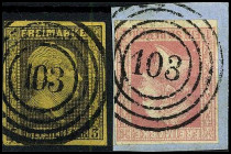 ALTDEUTSCHLAND. 
PREUSSEN- NUMMERNSTEMPEL. 
"103" Berlin, 2 Typen zentr., klar a. 3 Sgr. schw. a. gelb r., 1 Sgr.rosa, voll- breitr. Mi. 4a,6a. . 
...