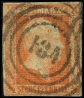 ALTDEUTSCHLAND. 
PREUSSEN- NUMMERNSTEMPEL. 
"134" Bischofsstein (Ostpr.) zentr. klar a. 1/2 Sgr. / 6 Pf. orange, 3 S. breitr., r. tangiert. Mi. 1, F...