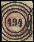 ALTDEUTSCHLAND. 
PREUSSEN- NUMMERNSTEMPEL. 
"494" Gleiwitz (Schles.) zentr., klar, gerade a. 1 Sgr rosa, 2,5mm Oberrand min. Eckf. Mi. 6a. . 


K...