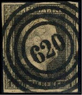 ALTDEUTSCHLAND. 
PREUSSEN- NUMMERNSTEMPEL. 
"620" Herzebrock (Bz.Minden) zentr., klar a. 1 Sgr. schw. a. rosa, voll-breitr. Mi. 2a, Feuser Grobe + 4...