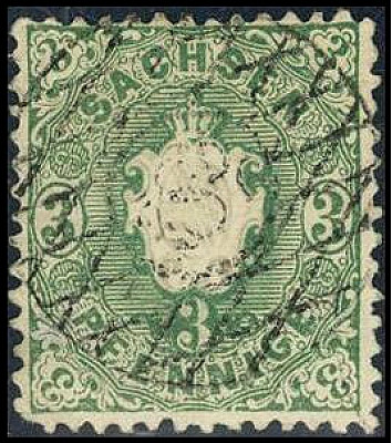 ALTDEUTSCHLAND. 
SACHSEN- MARKEN. 
3 Pfg. dunkelgrün "8" oder "20"?. Mi. 14a (...