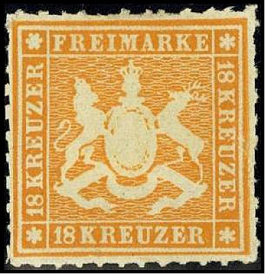 ALTDEUTSCHLAND. 
WÜRTTEMBERG- MARKEN. 
18 Kr. orangegelb, durchstochen, farbfr...