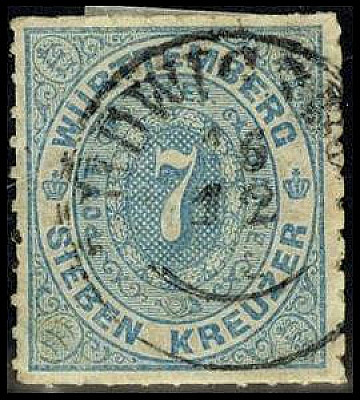 ALTDEUTSCHLAND. 
WÜRTTEMBERG- MARKEN. 
7 Kr. hellblau K2 LUDWIGSB(URG). Mi. 39...