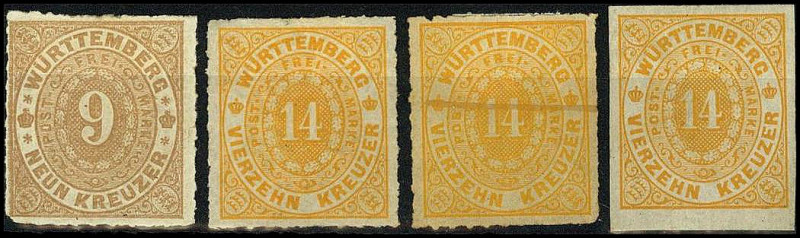 ALTDEUTSCHLAND. 
WÜRTTEMBERG- MARKEN. 
9 Kr. hellbraun, 14 Kr. dunkelorangegel...