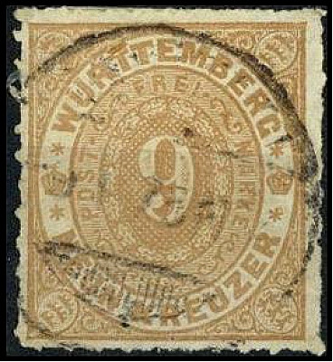 ALTDEUTSCHLAND. 
WÜRTTEMBERG- MARKEN. 
9 Kr. hellorangebraun mit zentr. Datumb...