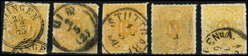 ALTDEUTSCHLAND. 
WÜRTTEMBERG- MARKEN. 
14 Kr. gelborange, K3 HAYINGEN, K2 ULM ...