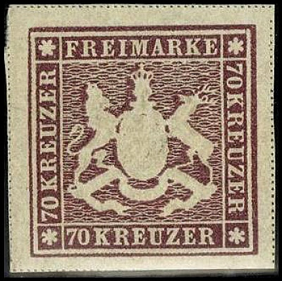 ALTDEUTSCHLAND. 
WÜRTTEMBERG- MARKEN. 
70 Kr. braunlila, Attest Klaus Irtenkau...