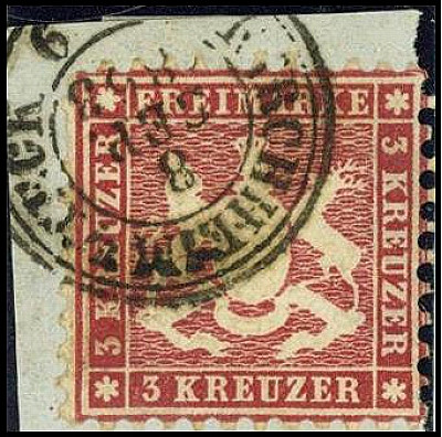 ALTDEUTSCHLAND. 
WÜRTTEMBERG- ORTSSTEMPEL. 
KIRCHHEIM-TECK K3 a. 3 Kr. karminr...
