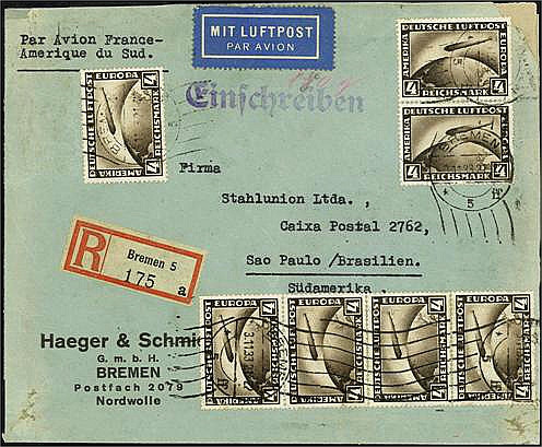 DEUTSCHES REICH.
WEIMARER REPUBLIK 1923-1933.
4 RM Zeppelin 1928 11 Expl. = 44...