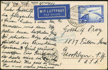 DEUTSCHES REICH. 
FLUG- und ZEPPELINPOST. 
ZEPPELINPOST. 1. Amerikafahrt Aufgabe Friedrichshafen 7.10 1928 AK NY. 16.10.1928, 2 RM Zeppelin a. Karte...