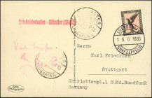 DEUTSCHES REICH. 
FLUG- und ZEPPELINPOST. 
ZEPPELINPOST. 1 RM Luftpost 15.6.30 1930 Fahrt Friedrichshafen - Münster. Karte v. Kapitän Max Pruss (Bil...