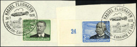 DEUTSCHES REICH. 
FLUG- und ZEPPELINPOST. 
ZEPPELINPOST. 2 RM u. 3 RM 1934 Luftpost Briefstücke Sonderstempel KASSEL FLUGHAFEN 30.7.1939, Zeppelin-L...