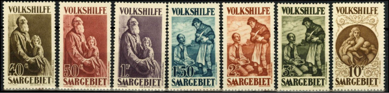 SAARGEBIET. 
Volkshilfe 1928 kpl. (7), 10 Fr. sign. Försterling. Mi. 128-134 (5...