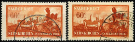 SAARGEBIET. 
60 C. 1933 Unglück Neunkirchen (2), 1 x Plattenf. Nacken des Sanitäters u. Ruinensteg durchgehend, gepr. Ney BPP. Mi. 168, 168 I (225,-)...