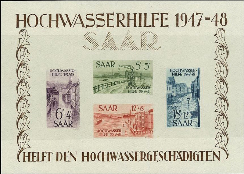 SAARLAND. 
Hochwasserhilfe 1948 Großer Block 1, leichter Bug. Mi. 255-258 Bl.1 ...