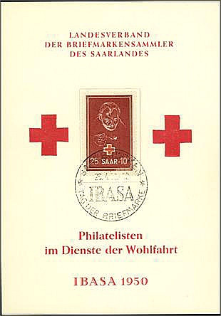 SAARLAND. 
25 Fr. Rotes Kreuz, Maximumkarte anlässlich der IBASA mit Ersttags-S...