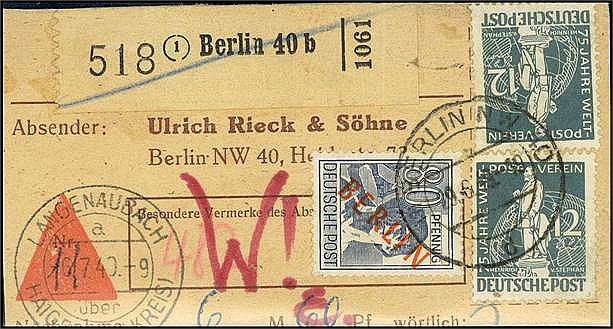 BERLIN. 
12 Pf. Stephan (2) mit 80 Pf. Rotaufdruck auf Zahlkartenabschnitt, rs....