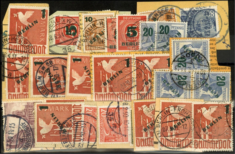 BERLIN. 
Grünaufdruck 3 x 5 Pf., 3 x 10 Pf., 5 x 20 Pf., 12 x 1 Mark a. Papier,...
