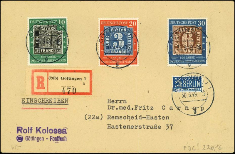 BUNDESREPUBLIK. 
100 J. Briefmarke FDC 30.9.49 Einschreiben. Mi. 113-115 (200,-...