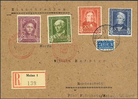 BUNDESREPUBLIK. 
1949 Wohlfahrt Ebf. mit Sstpl. 19.8.50 (rot 20.8.50) schwarz r...