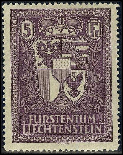 LIECHTENSTEIN. 
5 Fr. Landeswappen violett. Mi. 142 (750,-). . 


feinst *