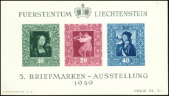 LIECHTENSTEIN. 
Gemäldeblock, Briefmarken-Ausstellung 1949. Mi. 278/80 Bl.5 (160,-). . 


Pra. **