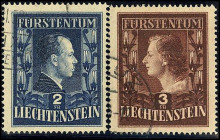 LIECHTENSTEIN. 
2 u. 3 Fr. Fürstenpaar 1951. Mi. 304, 305 B (510,-). . 


Kab. ⊙