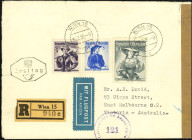 ÖSTERREICH. 
ÖSTERREICH - II. Republik. 
30g, 1,70 Sch., 10 Sch. Trachten Ersttagsbrief 13.3.50 als R.-Luftpostbrief nach Australien. Mi. 900,918,92...