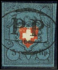 SCHWEIZ. 
5 Rp. RAYON I ohne Kreuzeinfassung Typ 4, gestochen klar gestempelt mit einem schwarzen Tessiner PP im Oval in vorteilhafter Farbabhebung, ...