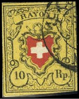 SCHWEIZ. 
10 Rp. 1850 RAYON II ohne Kreuzeinfassung schwarz/zinnoberrot auf gelb, klarer Zweikreiser in schwarz,vollr., r. tangiert, sonst vollr. Mi....