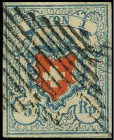 SCHWEIZ. 
5 Rp. RAYON II ohne Kreuzeinfassung preussischblau/orangerot a. weiss, klarer, zentr. Rautenstpl. m. 15 Strichen. Mi. 9 II (130,-). . 

...