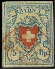 SCHWEIZ. 
5 Rp. RAYON I ohne Kreuzeinfassung preussischblau/orangerot a. weiss vollr., roter K2 BASEL. Mi. 9 II (130,-). . 


Pra.⊙