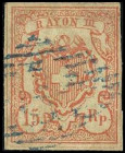 SCHWEIZ. 
15 Rp. RAYON III ohne Kreuzeinfassung rotorange, große Wertziffer, zart aufgesetzte Raute blau, alle Randlinien. Mi. 12 (130,-). . 


mi...