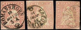 SCHWEIZ. 
15 Rp. rosa 1854 voll- überr., K1 v. KREUZLINGE(N), LEUKIR(CHEN), ROMANSHORN, voll- überr., 3 Nuancen, 1x sign. ABT BPP. Mi. 15 II Byp. . ...