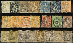 SCHWEIZ. 
2 C.- 1 Fr. 1862/81 Sitz. Helvetia I. Ausgabe kpl. 20 Stck 3 kl Zf., z.T. Nuancen (5 C. 8x, 1 Fr. 2x). Mi. 20-28 (650,-). . 


Pra.-Kab....