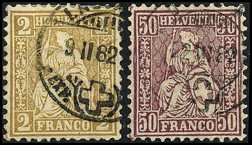 SCHWEIZ. 
2 C. oliv, 50 C. lila 1881 Faserpapier, Sitzende Helvetia. Mi. 36, 43...