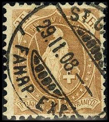 SCHWEIZ. 
3 Fr. steh. Helvetia, braun gez. 11 1/2 : 12. Mi. 80 D (350,-). . 
...
