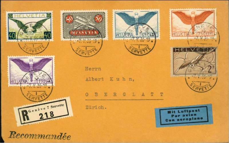 SCHWEIZ. 
Luftpost R-Brief mit Flugmarken. Mi. 184 , 189-91, 233, 245 (245,- +)...