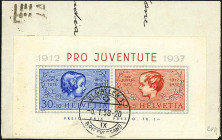 SCHWEIZ. 
30 u.20 C. 1937 Pro Juventute Block, a. echt gelaufenem Bf. n. Italien. Us. gefaltet, Bl. nicht. Mi. 318-319 Bl.3 (65,- +). . 


Pra. #B...