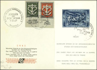 SCHWEIZ. 
10 u.20 C.,3+7 Fr. 1945 Spendenblock u. Marken für Kriegsgeschädigte, Brief mit Sonderstpl. 3 III45 Journ\'eae du Don Suisse 3 III 45 Neuch...