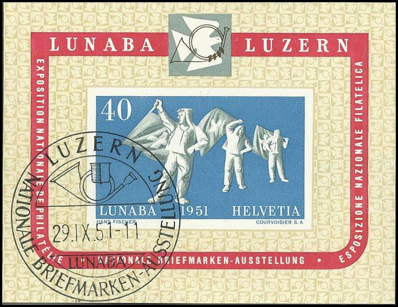 SCHWEIZ. 
40 C. LUNABA- Block 1951 1.Tag Sonderstempel 29.9.51. Mi. 560 Bl.14 (...