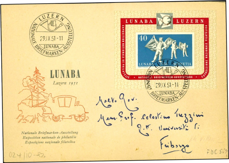 SCHWEIZ. 
40 C. LUNABA- Block 1951 1.Tag Sonderstpl.29.9.51, adressierter FDC. ...